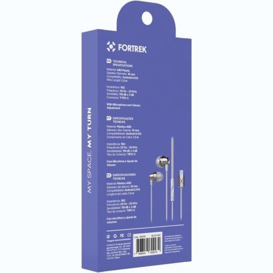 Fone de Ouvido Intra-Auricular Com Fio Tipo-C Fortrek IE210 Branco por 29,90 à vista no boleto/pix ou parcele em até 1x sem juros. Compre na loja Fortrek!