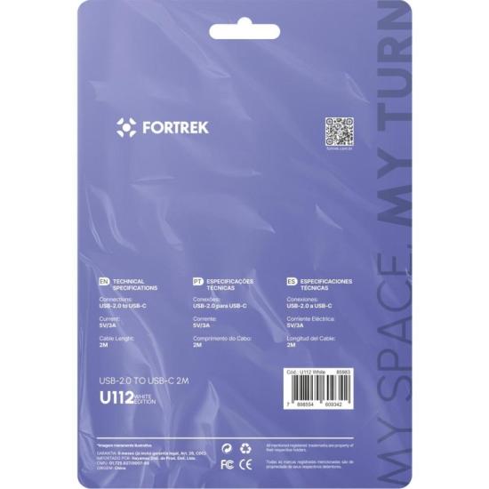 Cabo USB-A Para USB-C Fortrek U112 2 Metros Branco por 15,00 à vista no boleto/pix ou parcele em até 1x sem juros. Compre na loja Fortrek!