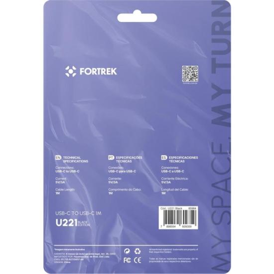 Cabo USB-C Para USB-C Fortrek U221 1 Metro Preto por 11,00 à vista no boleto/pix ou parcele em até 1x sem juros. Compre na loja Mundomax!