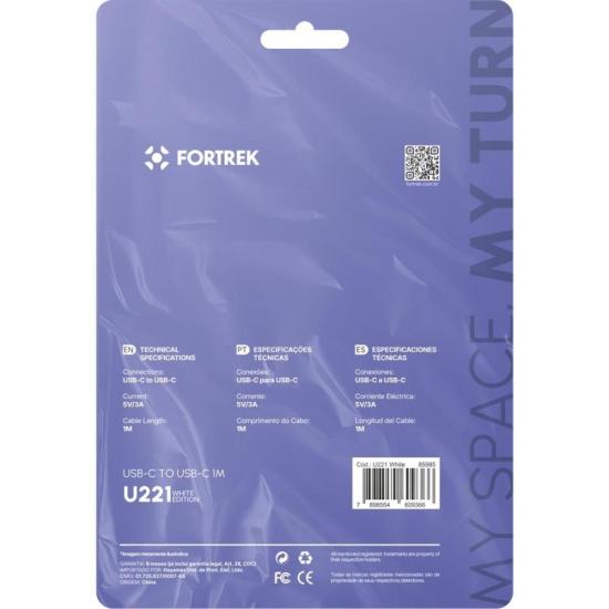 Cabo USB-C Para USB-C Fortrek U221 1 Metro Branco por 11,00 à vista no boleto/pix ou parcele em até 1x sem juros. Compre na loja Mundomax!