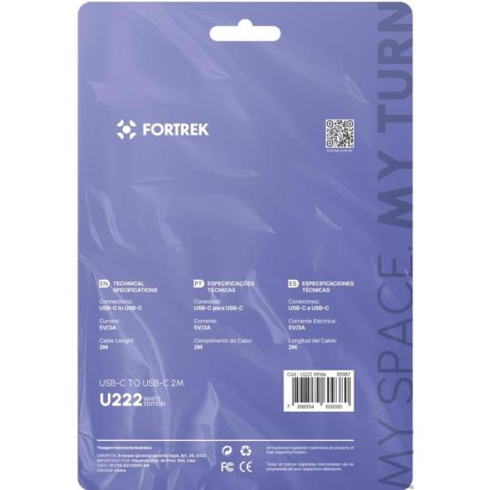 Cabo USB-C Para USB-C Fortrek U222 2 Metros Branco por 17,00 à vista no boleto/pix ou parcele em até 1x sem juros. Compre na loja Mundomax!