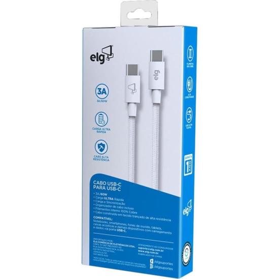 Cabo Tipo C X Tipo C TC60 1 Metro Branco ELG por 55,00 à vista no boleto/pix ou parcele em até 2x sem juros. Compre na loja Mundomax!
