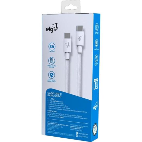 Cabo Tipo C x Tipo C TC602 2 Metros Branco ELG por 65,00 à vista no boleto/pix ou parcele em até 2x sem juros. Compre na loja Mundomax!