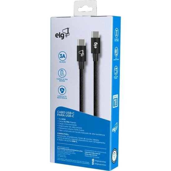 Cabo Tipo C x Tipo C TC60 1 Metro Preto ELG por 50,00 à vista no boleto/pix ou parcele em até 2x sem juros. Compre na loja Mundomax!