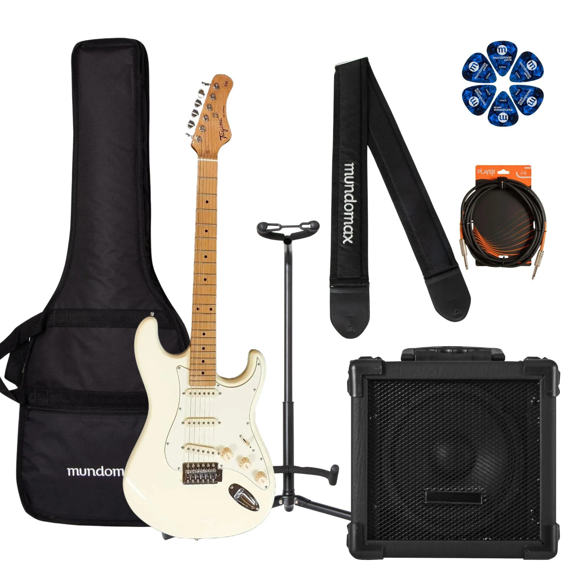 Kit Guitarra Tagima TG-530 Strato Olympic White + Cubo + Acessórios por 1.921,00 à vista no boleto/pix ou parcele em até 12x sem juros. Compre na loja Mundomax!