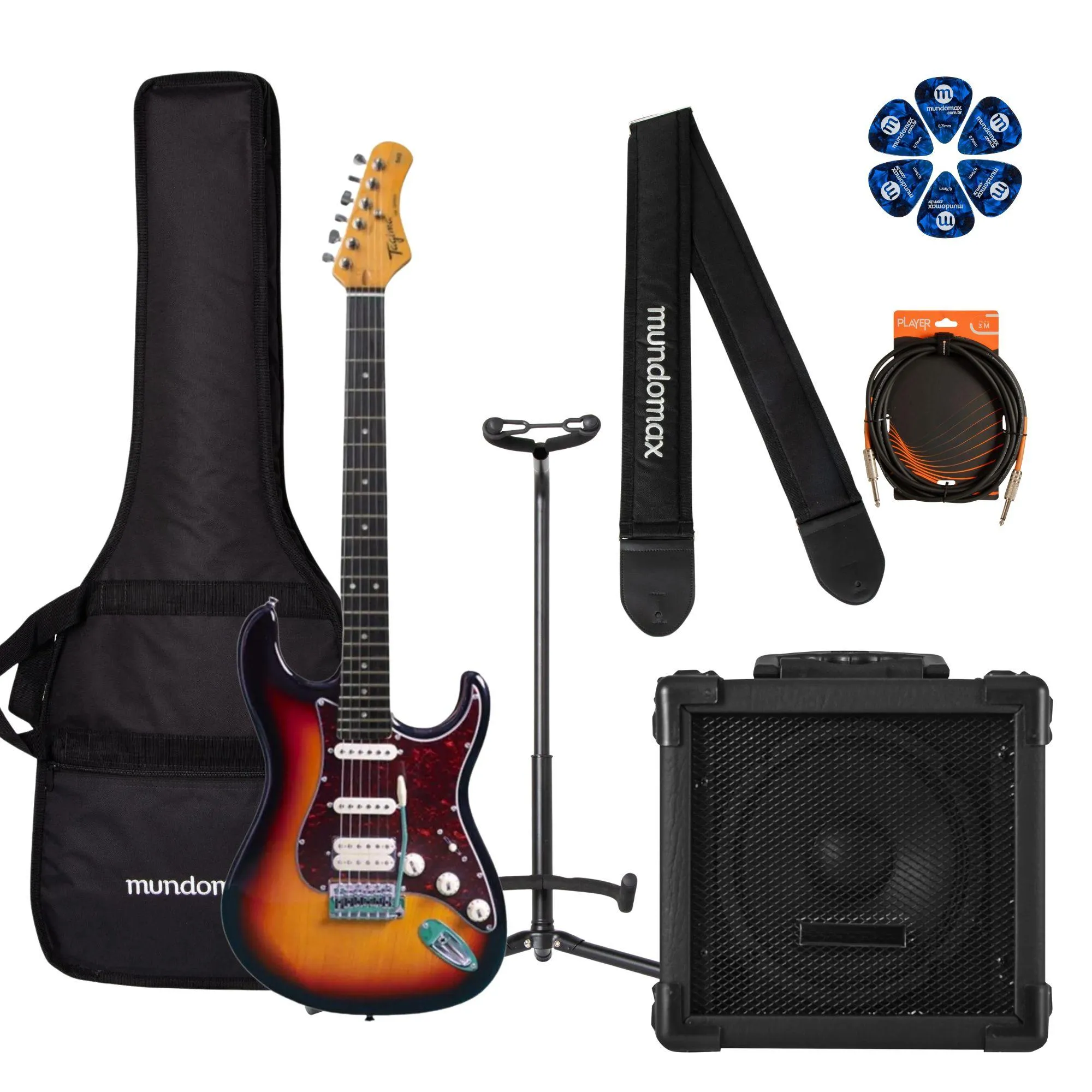 Kit Guitarra Tagima TG-540 Strato Sunburst + Cubo + Acessórios por 1.977,00 à vista no boleto/pix ou parcele em até 12x sem juros. Compre na loja Mundomax!