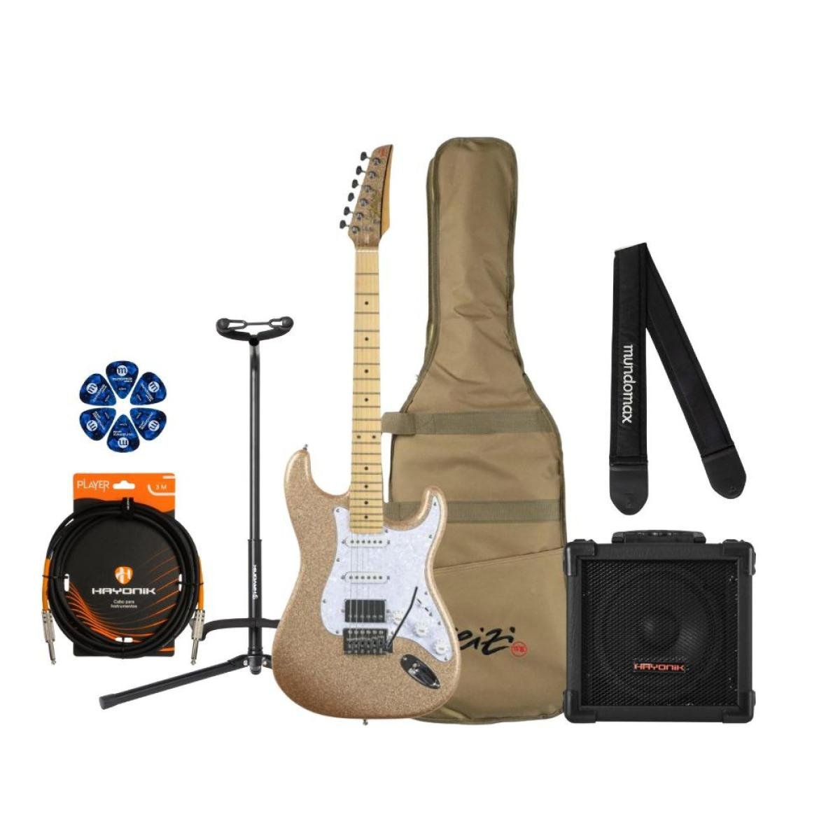 Kit Guitarra Seizi Fun Katana Desert Gold + Bag, Cubo e Acessórios