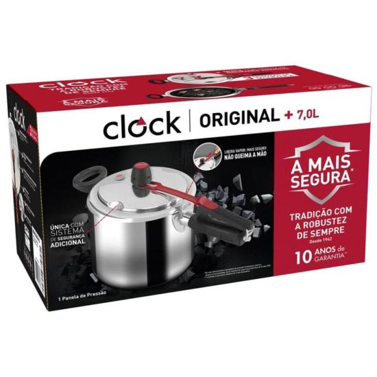 Panela de Pressão Clock Original+ Fechamento Interno 7L por 171,00 à vista no boleto/pix ou parcele em até 6x sem juros. Compre na loja Mundomax!