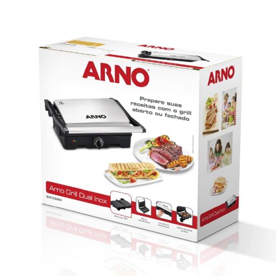 Grill Arno Dual GNOX Inox Com Abertura de 180° 127v por 291,00 à vista no boleto/pix ou parcele em até 10x sem juros. Compre na loja Mundomax!