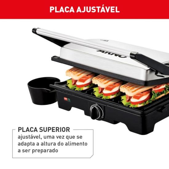 Grill Arno Dual GNOX Inox Com Abertura de 180° 127v por 291,00 à vista no boleto/pix ou parcele em até 10x sem juros. Compre na loja Mundomax!