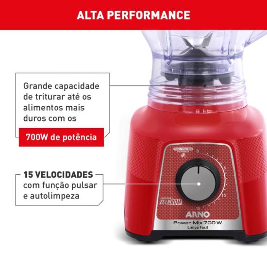 Liquidificador Arno Power Mix LQ34 700W Limpa Fácil Vermelho 220V por 182,00 à vista no boleto/pix ou parcele em até 7x sem juros. Compre na loja Mundomax!