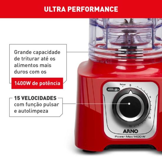 Liquidificador Arno Power Max LN63 1400W Vermelho 220V por 246,00 à vista no boleto/pix ou parcele em até 9x sem juros. Compre na loja Mundomax!