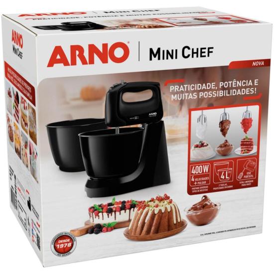 Batedeira Arno Mini Chef HM11 400W Preta 220v por 186,00 à vista no boleto/pix ou parcele em até 7x sem juros. Compre na loja Mundomax!