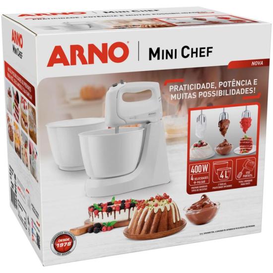 Batedeira Arno Mini Chef HM10 400W Branca 127v por 172,00 à vista no boleto/pix ou parcele em até 6x sem juros. Compre na loja Mundomax!