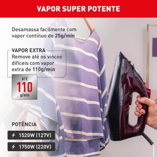 Ferro a Vapor Ultragliss com Base Durilium Airglide 1520W Vinho 220V por 304,00 à vista no boleto/pix ou parcele em até 10x sem juros. Compre na loja Mundomax!