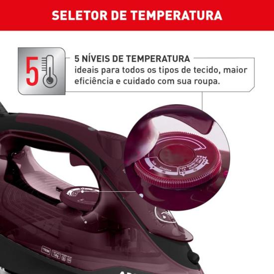 Ferro a Vapor Ultragliss com Base Durilium Airglide 1520W Vinho 220V por 304,00 à vista no boleto/pix ou parcele em até 10x sem juros. Compre na loja Mundomax!