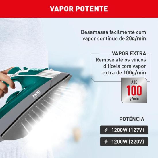 Ferro a Vapor Arno Steamgliss com Base Antiaderente FSGP 127V por 189,00 à vista no boleto/pix ou parcele em até 7x sem juros. Compre na loja Mundomax!
