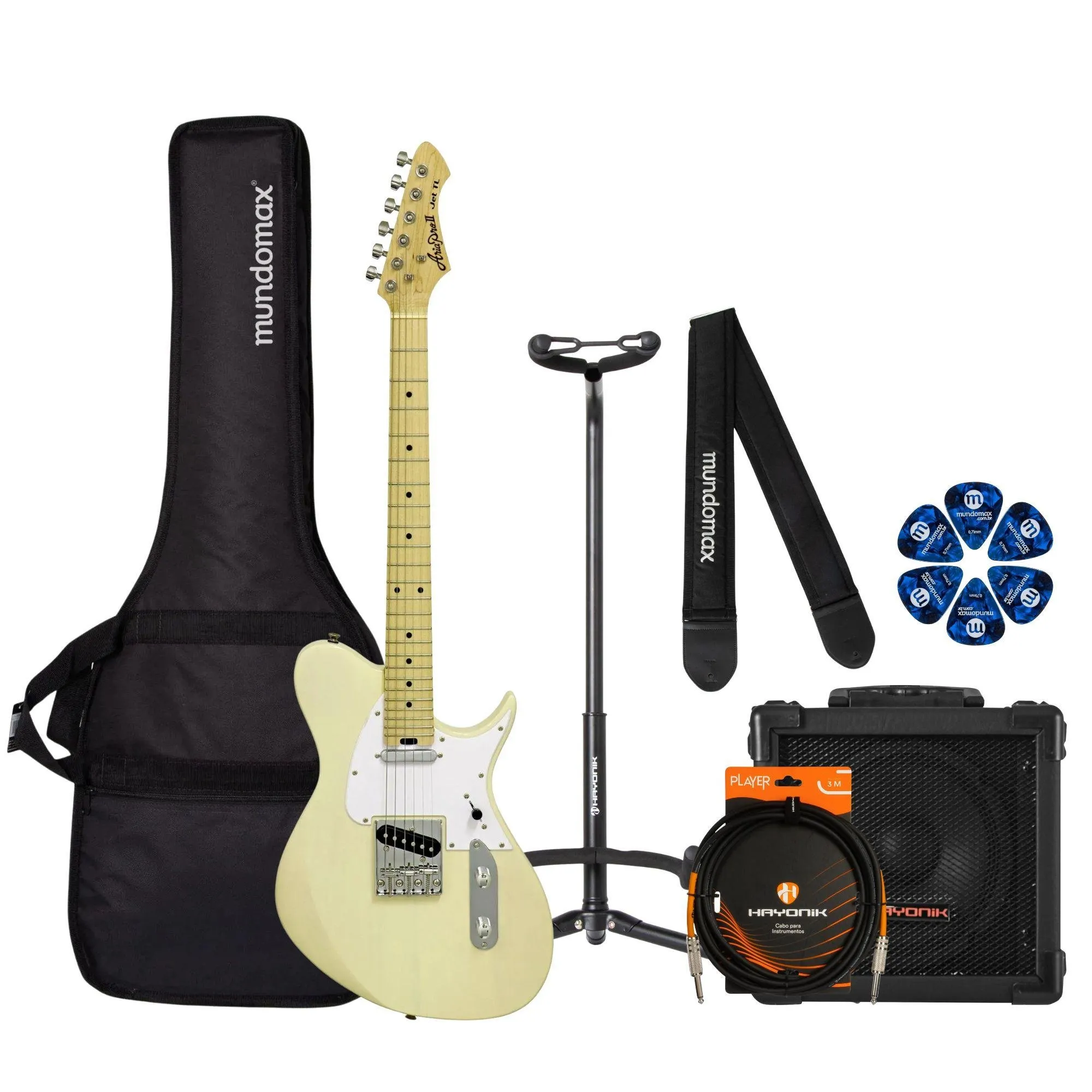 Kit Guitarra Aria Pro II J-TL See-Through Vintage White + Cubo + (87319)