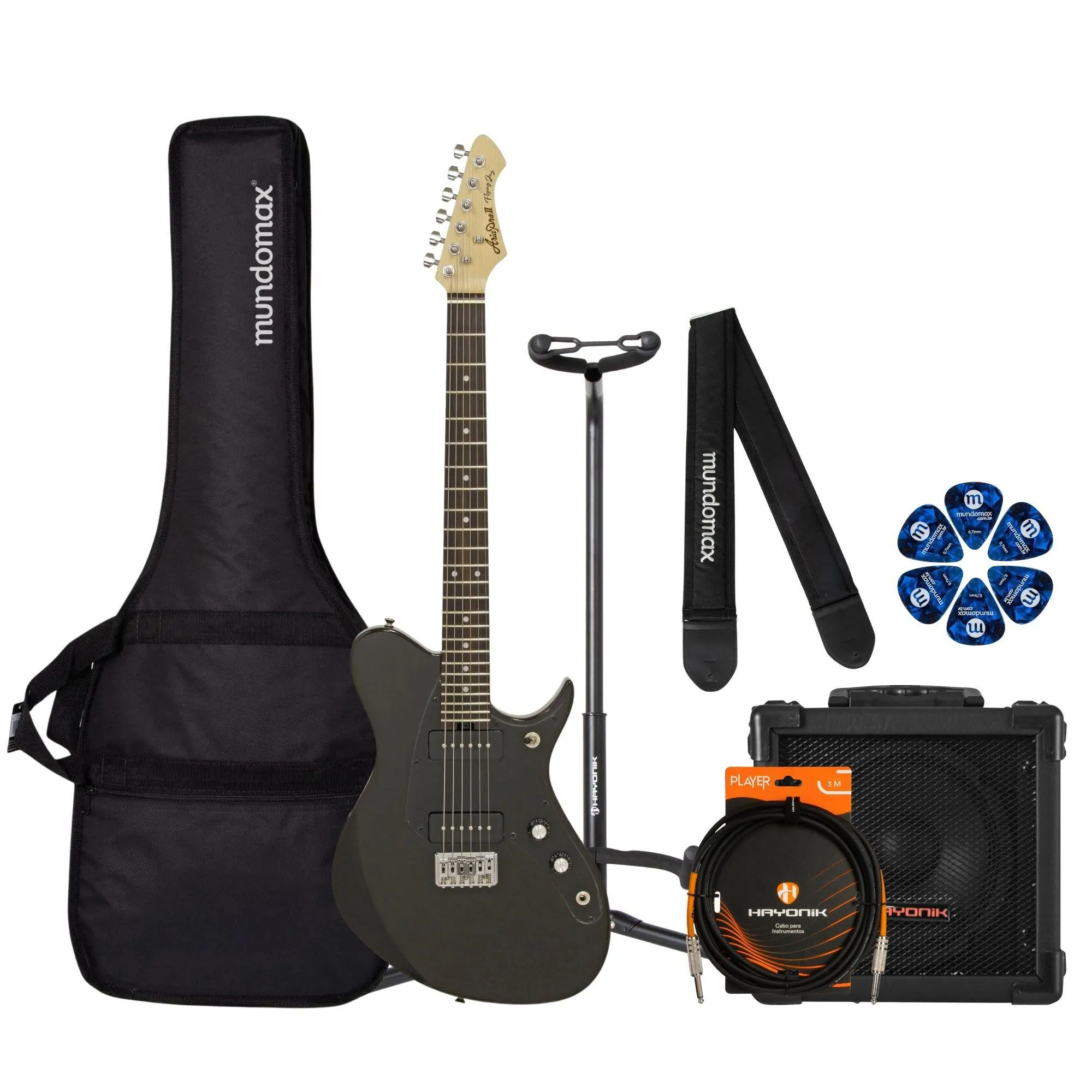 Kit Guitarra Aria Pro II J-2 Black + Cubo + Acessórios (87320)