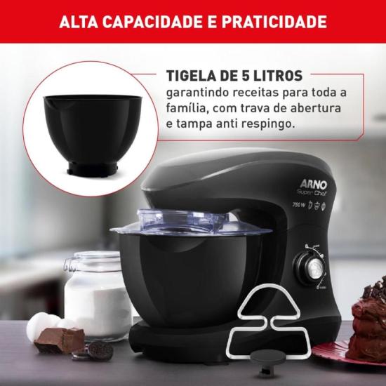Batedeira Planetária Arno Super Chef KM01 750W Preta 127V por 470,00 à vista no boleto/pix ou parcele em até 10x sem juros. Compre na loja Mundomax!