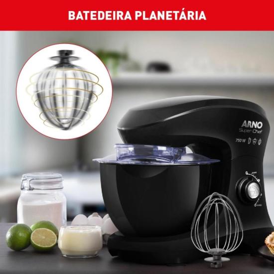 Batedeira Planetária Arno Super Chef KM01 750W Preta 127V por 470,00 à vista no boleto/pix ou parcele em até 10x sem juros. Compre na loja Mundomax!