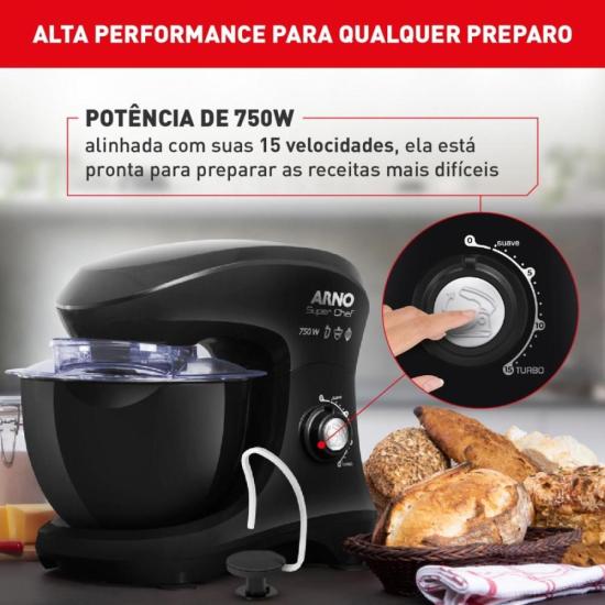 Batedeira Planetária Arno Super Chef KM01 750W Preta 220V por 0,00 à vista no boleto/pix ou parcele em até 1x sem juros. Compre na loja Mundomax!