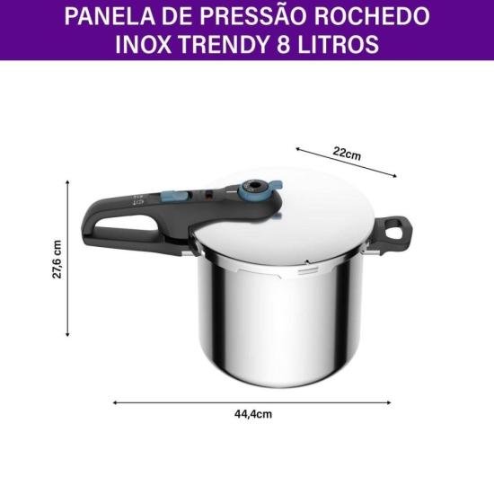 Panela de Pressão Rochedo Trendy EI80 Secure Inox 8L por 0,00 à vista no boleto/pix ou parcele em até 1x sem juros. Compre na loja Mundomax!