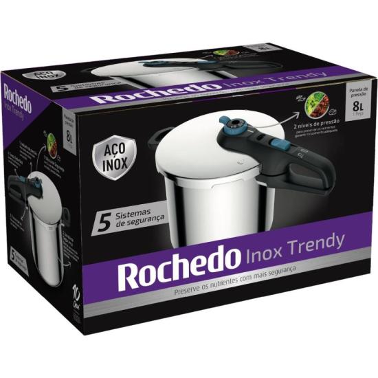 Panela de Pressão Rochedo Trendy EI80 Secure Inox 8L por 0,00 à vista no boleto/pix ou parcele em até 1x sem juros. Compre na loja Mundomax!