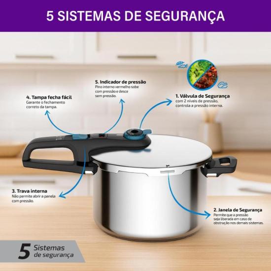 Panela de Pressão Rochedo Trendy EI80 Secure Inox 8L por 0,00 à vista no boleto/pix ou parcele em até 1x sem juros. Compre na loja Mundomax!