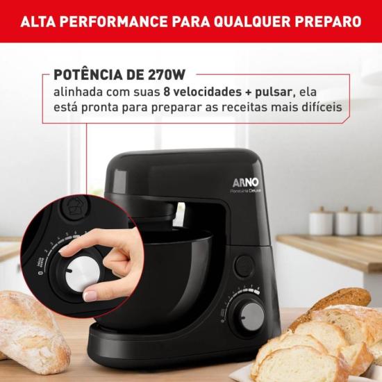 Batedeira Planetária Arno Nova Deluxe 270W Preta 220V por 0,00 à vista no boleto/pix ou parcele em até 1x sem juros. Compre na loja Mundomax!