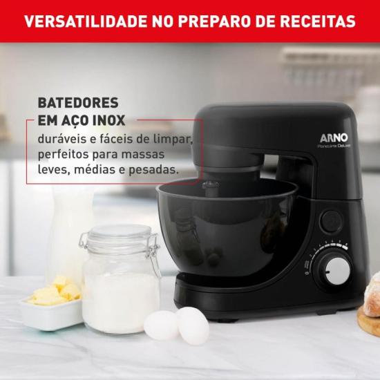 Batedeira Planetária Arno Nova Deluxe 270W Preta 220V por 0,00 à vista no boleto/pix ou parcele em até 1x sem juros. Compre na loja Mundomax!