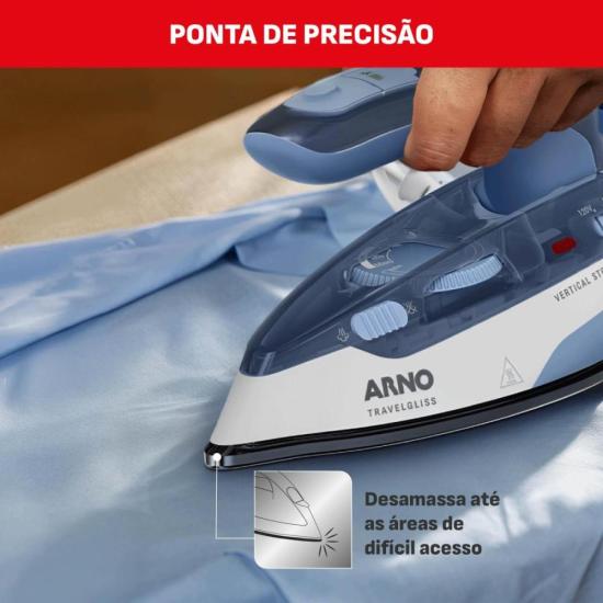 Ferro a Vapor de Viagem Arno Travelgliss Bivolt Azul/Branco por 0,00 à vista no boleto/pix ou parcele em até 1x sem juros. Compre na loja Mundomax!