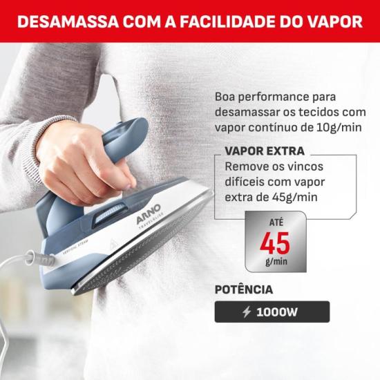 Ferro a Vapor de Viagem Arno Travelgliss Bivolt Azul/Branco por 0,00 à vista no boleto/pix ou parcele em até 1x sem juros. Compre na loja Mundomax!