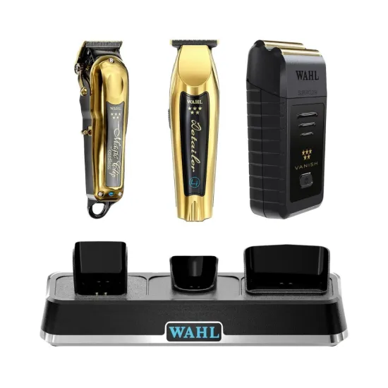 KIT MAQUINAS LINHA GOLD WAHL + BASE por 0,00 à vista no boleto/pix ou parcele em até 1x sem juros. Compre na loja Mundomax!